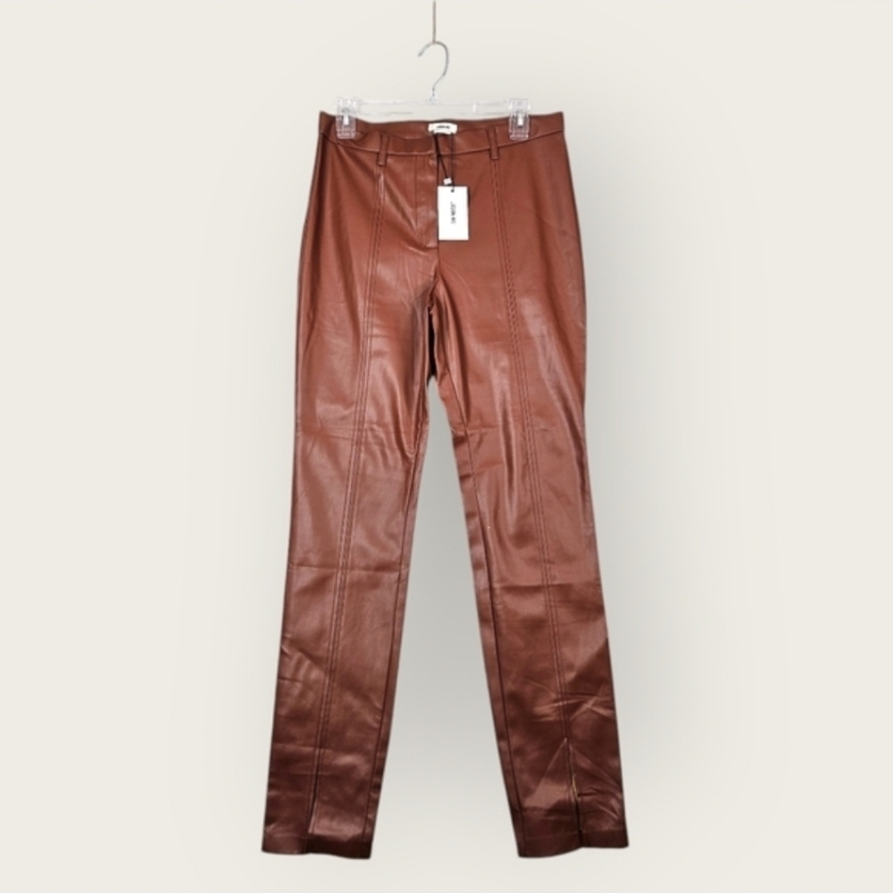 NEW Jason Wu High Rise Faux Leather Pant Slim Fit Slit Hem Caramel Medium - Picture 2 of 16